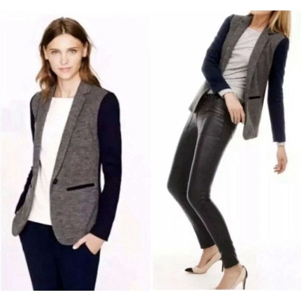 J CREW Sz 2 Contrast Knit Blazer Gray Navy Wool Color block Schoolboy Sz 0 Prep